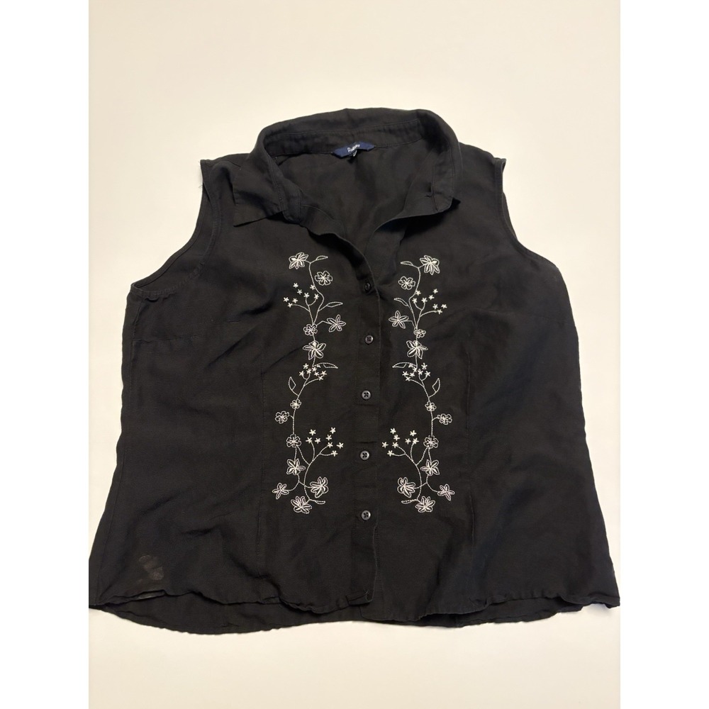Reitmans Womens XL Black Embroidered Sleeveless Blouse Floral Button Top Y2K